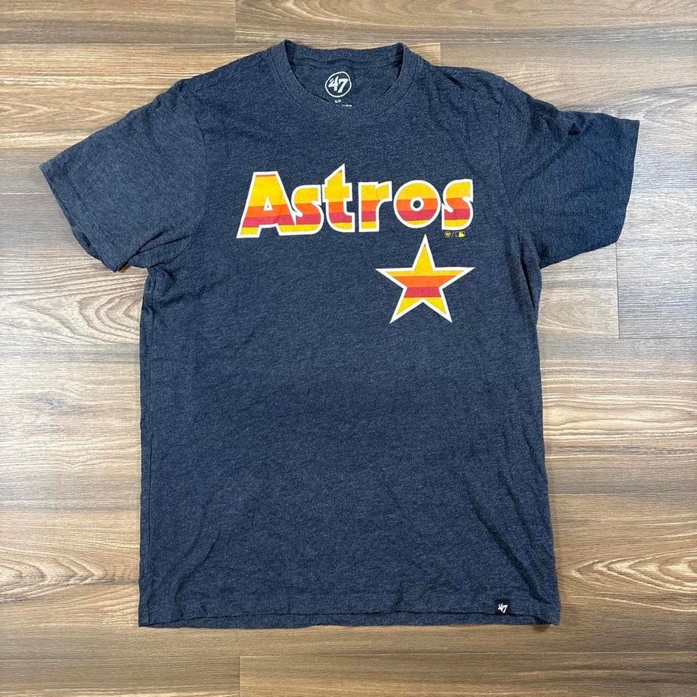 47 Houston Astros navy blue t-shirt with yellow and red 'Astros' text and star